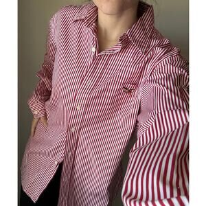 American Living Red White Stripe Button Down Preppy Coastal Collegiate beachy